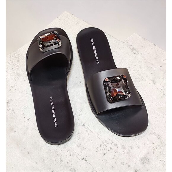 Shoes - Black Slides With Oversized Gemstone Embellishment